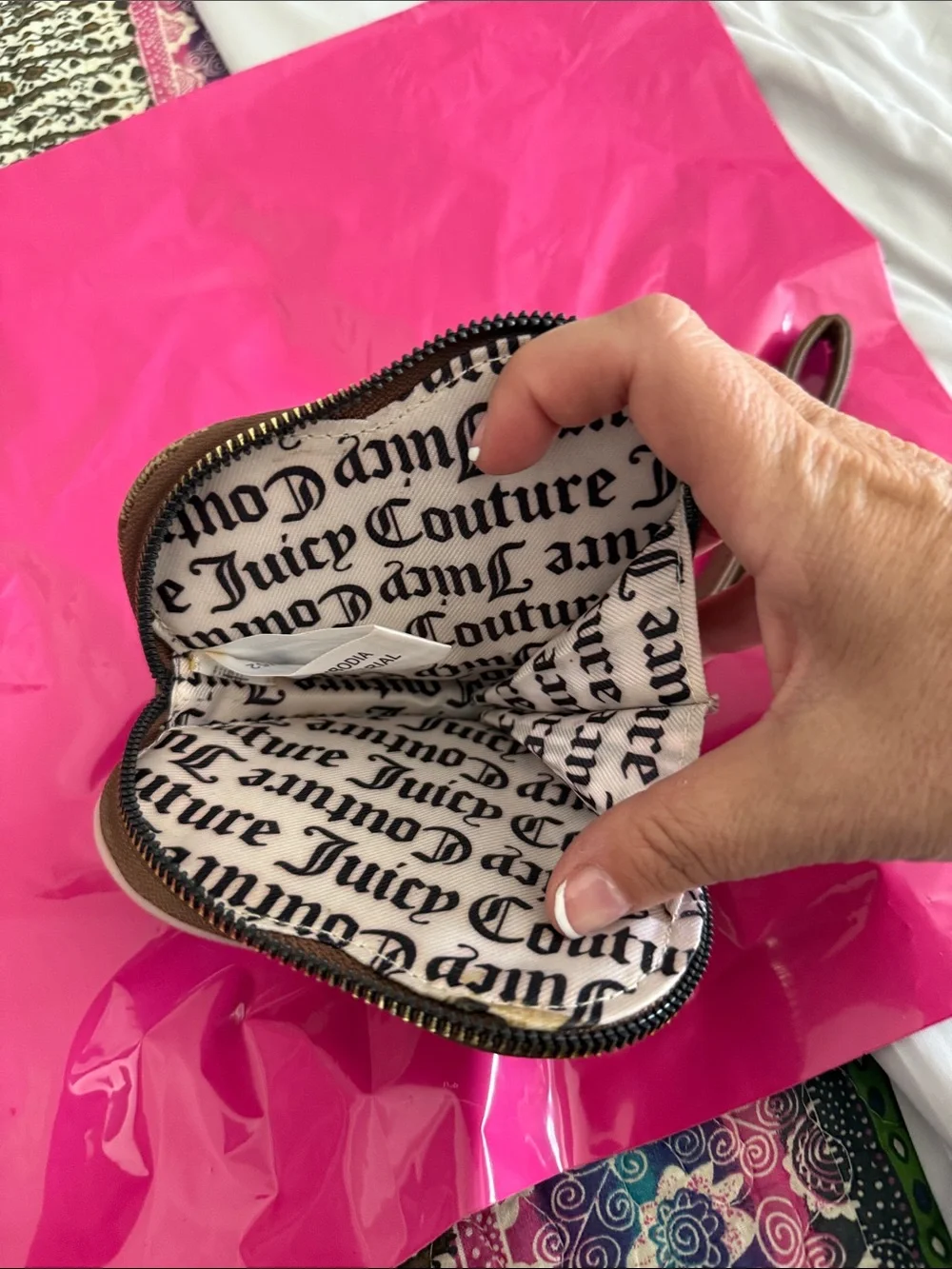 Juicy Couture Heart Wristlet in Beige with Pink Trim